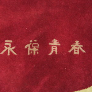 Deep red low-pile rug texture featuring four light beige decorative characters across the surface.