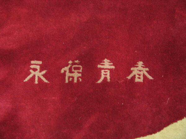 Deep red low-pile rug texture featuring four light beige decorative characters across the surface.