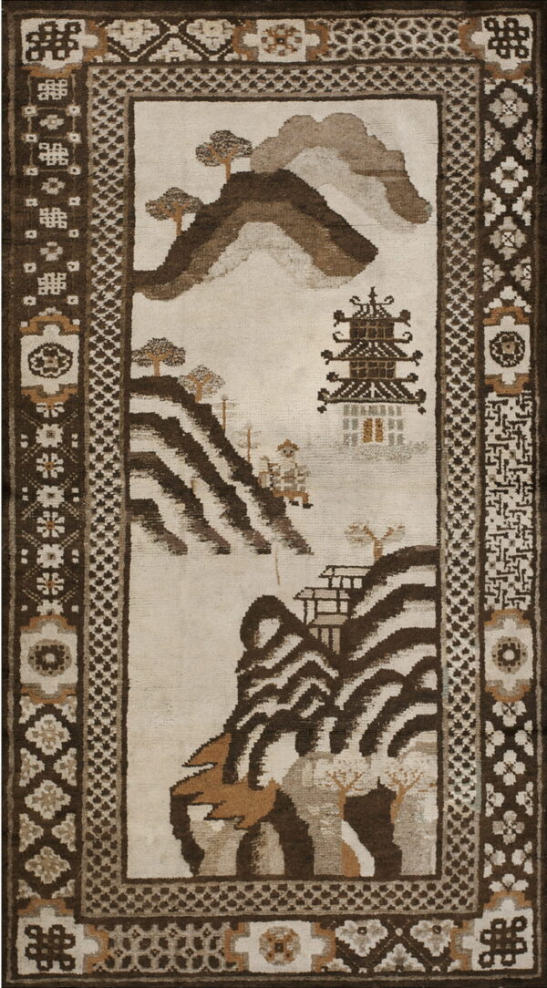 Beige and brown rug featuring a landscape scene of mountains, trees, and a tiered pagoda structure.