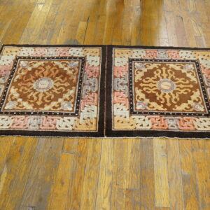 Two matching brown and tan rugs with geometric patterns sit side-by-side on golden wood planks.