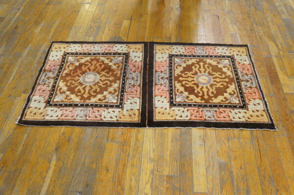 Two matching brown and tan rugs with geometric patterns sit side-by-side on golden wood planks.