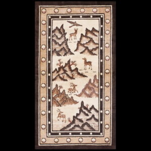 Cream field rug with detailed brown mountains and deer, framed by a border of dark brown and beige circles.