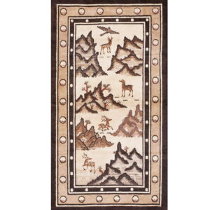 Brown and beige area rug depicting a mountain landscape with deer and birds inside a striped border.