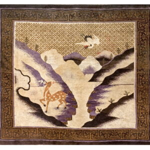 Beige and purple high pile square rug with a pictorial landscape of a deer and crane, bordered by a dark fret pattern.