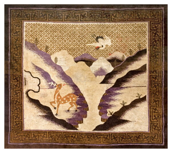 High-pile rug featuring a deer and crane in a tan and mauve landscape with a dark brown geometric border.