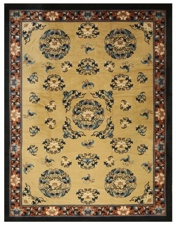 Ornate golden-beige rug featuring large blue and cream floral medallions framed by a complex black and rust border.