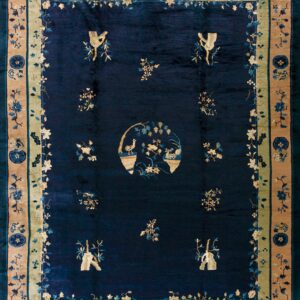 Dark blue rug with a central medallion, gold figures, and multiple borders in tan, sage, and indigo.