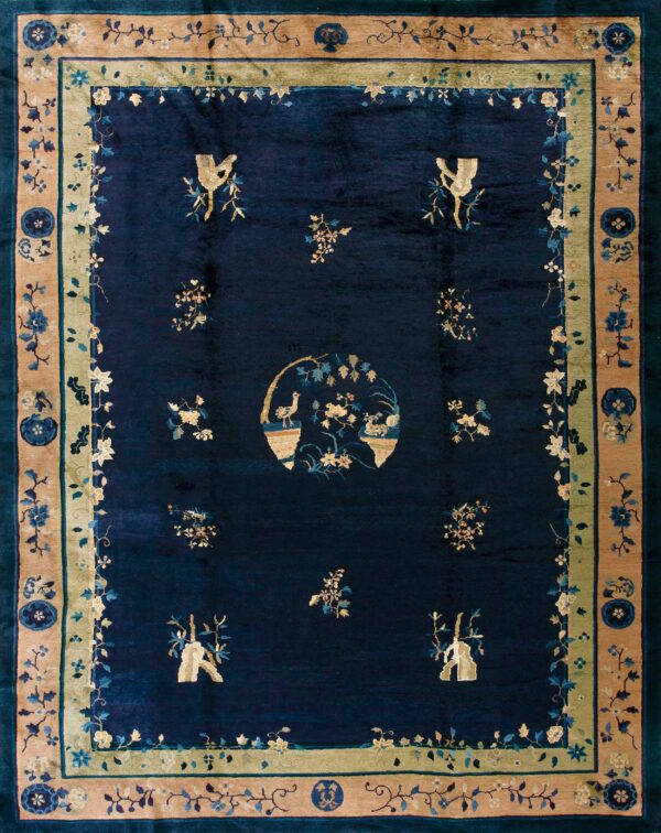 Dark blue rug with a central medallion, gold figures, and multiple borders in tan, sage, and indigo.