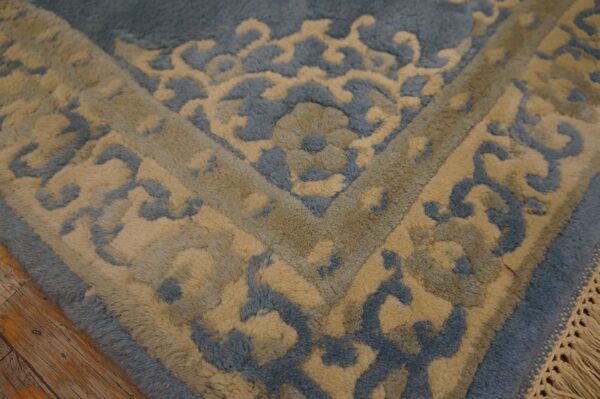 High-pile blue and tan rug with a plush ornate pattern on rustic wood flooring.