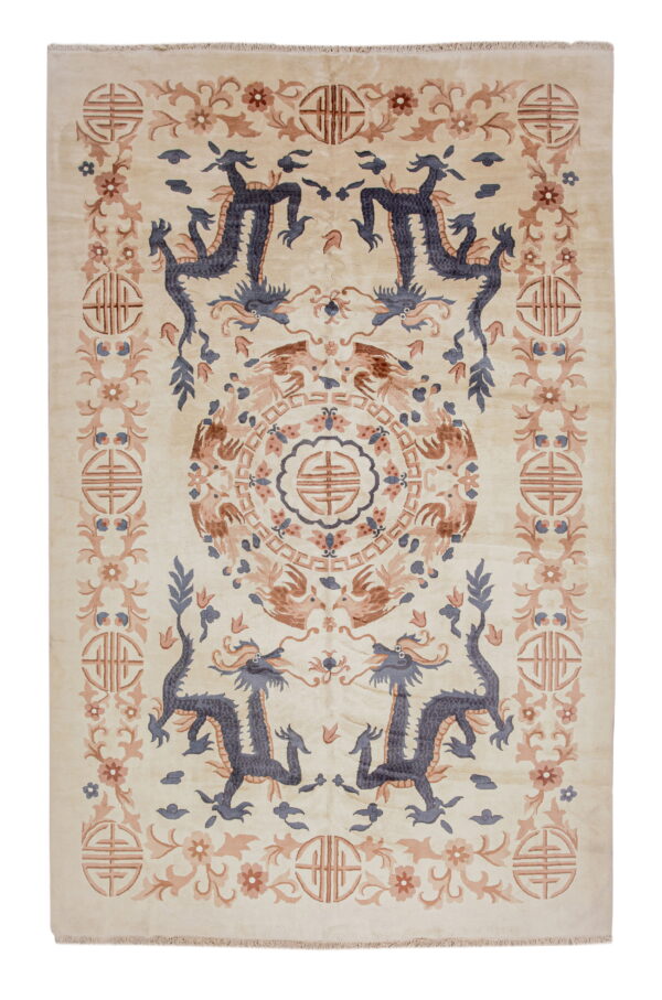 Cream rug featuring symmetrical blue dragon and brown phoenix motifs with floral and geometric borders.
