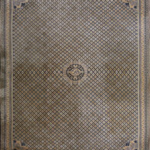 Low-pile rug with navy and tan geometric motifs, a dense field design, and elaborate borders.