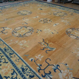 Tan rug with scattered light floral motifs and a strong navy blue, yellow, and teal patterned border.