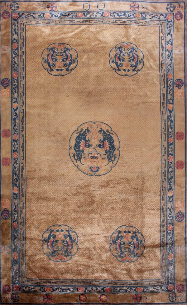 Allover geometric wool antique 1920s ivory beige cream white rectangle hand knotted pile large rug