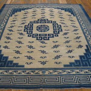Blue and beige rug with geometric borders and stylized patterns on hardwood flooring.