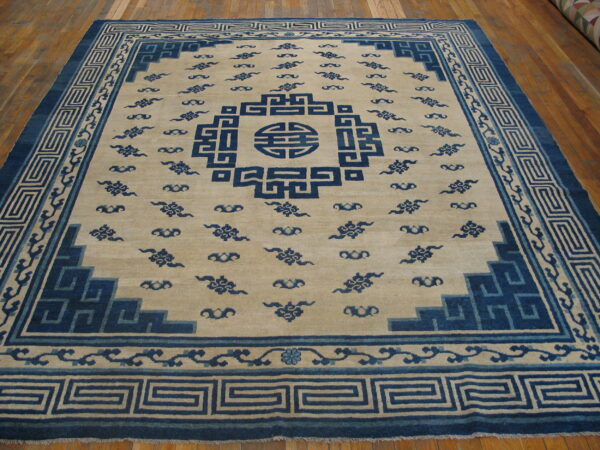Blue and beige rug with geometric borders and stylized patterns on hardwood flooring.