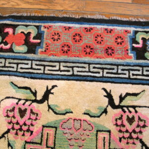 Multicolored rug border with geometric and floral patterns in pink, black, blue, and cream on hardwood.