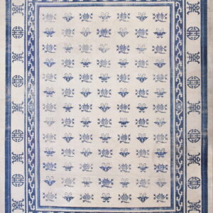 Off-white rug with alternating blue floral and butterfly motifs and Shou symbol borders.