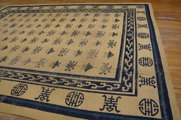 Beige rug featuring repeating navy floral motifs and wide borders with symbolic blue designs on hardwood.