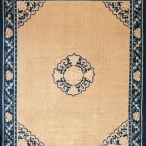 A beige rug with a detailed navy and blue floral and vine border and a matching central medallion.