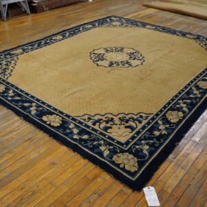 Golden tan rug with a navy blue border featuring detailed floral motifs on hardwood floors.