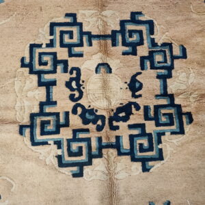Tan rug detail featuring a blue geometric central medallion and visible low pile texture variations.