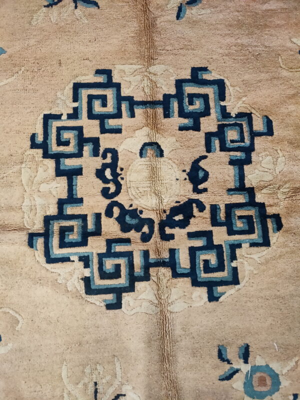 Tan rug detail featuring a blue geometric central medallion and visible low pile texture variations.