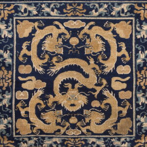 Square rug panel with golden dragons and clouds against a navy blue field and a complex floral border.