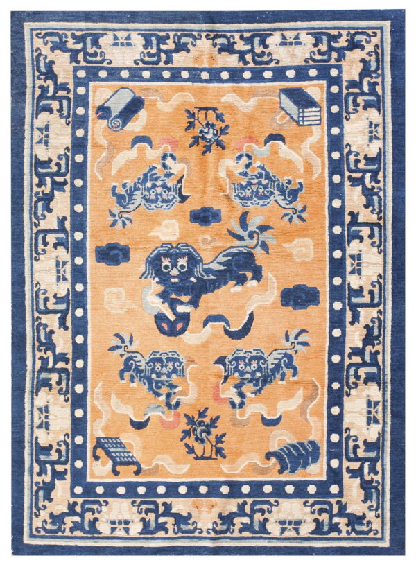 Orange field rug featuring a large blue stylized dog surrounded by clouds, scrolls, and a key-pattern border.