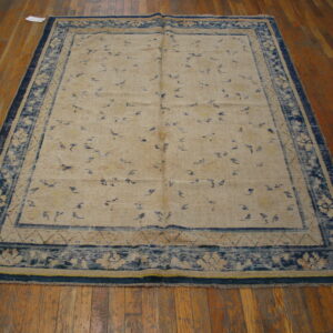 Beige area rug with dark blue borders and sparse patterns lies on light brown hardwood flooring.