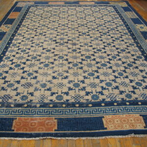 Beige field rug with dense indigo patterns and a wide multi-panel border over wood planks.