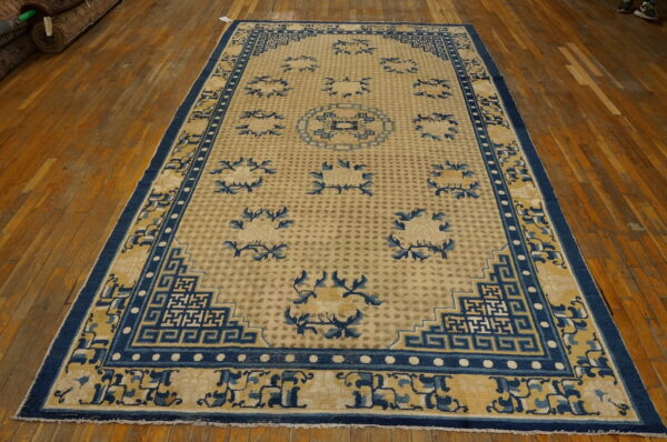 Light beige rug with deep blue borders and scattered geometric floral patterns rests on warm plank wood flooring.