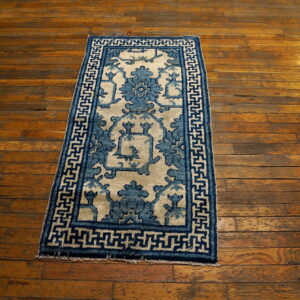 A blue and tan patterned accent rug sits centered on rustic, wide plank hardwood floors.