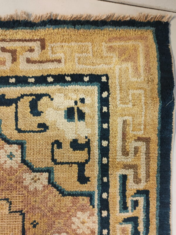 Close-up of a tan, brown, and blue patterned rug corner with visible fringe on a white floor.