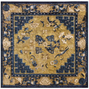 Mustard yellow square rug with dark blue stylized fretwork borders and floral and bird motifs.