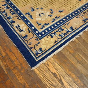 Beige rug with dense navy blue floral borders and fringe, displayed on rustic distressed wood planks.