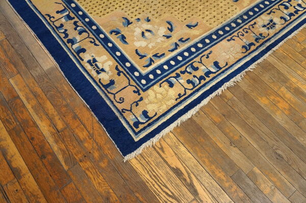 Beige rug with dense navy blue floral borders and fringe, displayed on rustic distressed wood planks.