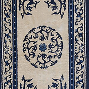 Ornate blue and beige runner rug with stylized animal figures and scrolling floral medallions.