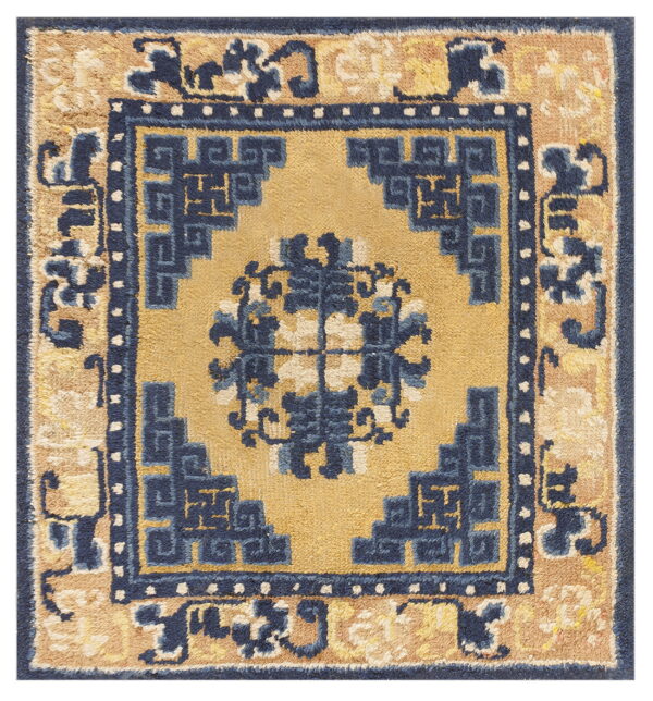 Navy blue and tan high-pile square rug with a traditional central geometric medallion design.