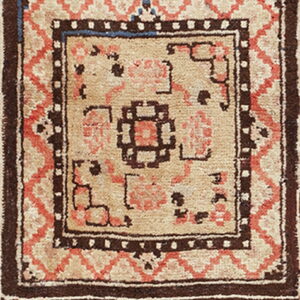 Tribal rug runner featuring light fields framed by dark brown borders and coral geometric patterns.