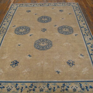Beige area rug with indigo circular medallions and scrolling blue borders on warm hardwood flooring.