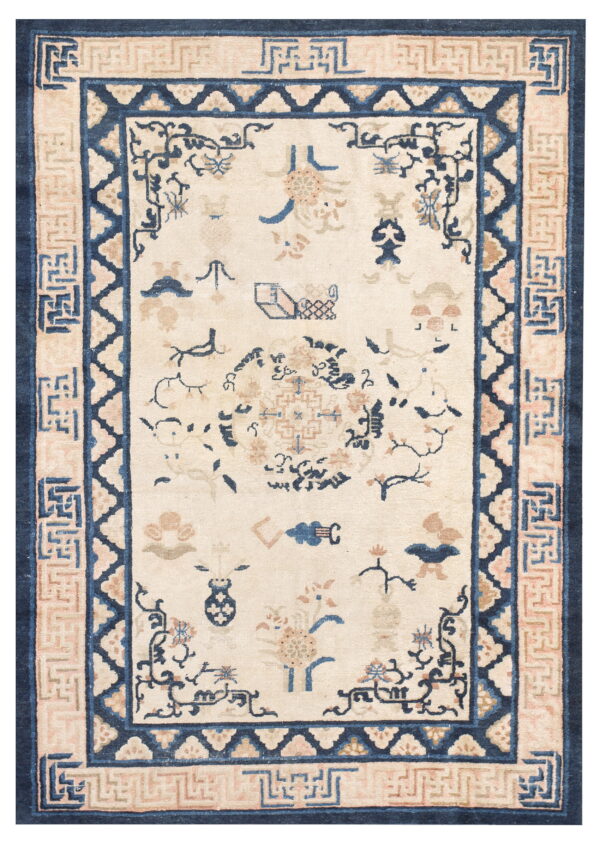 Ivory field rug featuring scattered motifs and multiple borders in deep blue and soft peach tones.