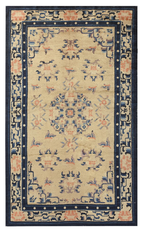 Antique chinese - ningxia small scatter size wool blue rug 1 Beige area rug with a navy blue border and scattered floral patterns in light blue and pink.
