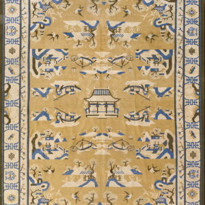 Golden tan rug with a detailed blue and cream chinoiserie pattern of pagodas, mountains, and flying birds.