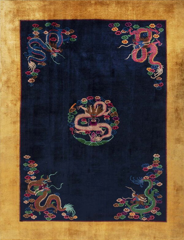 Deep blue rug with gold border, showing a central dragon medallion and four colorful corner dragons.