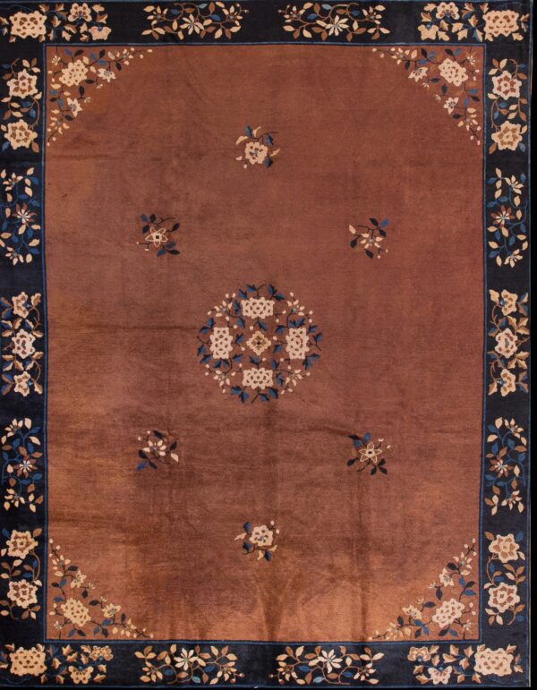 Elegant brown rug with floral patterns.