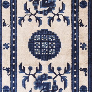 Cream rug with indigo blue complex borders, a central medallion, and stylized floral patterns.