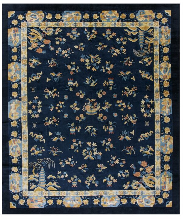 Navy rug features gold and blue flowers, vases, and a detailed border with scenic cartouches.