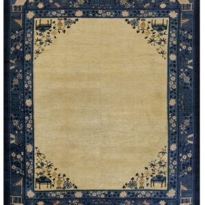 Rectangular rug featuring a pale yellow field surrounded by a wide blue border with floral and architectural motifs.