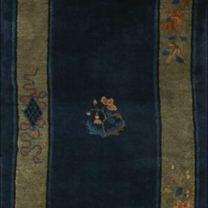 Antique Chinese navy hallway runner rug features gold dragon motifs and blue florals centered between wide olive green borders.