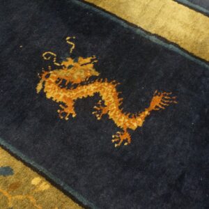 Gold dragon pattern centered on a dark blue runner field with wide borders in olive green.